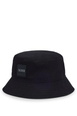 Kids' rubber-logo bucket hat in cotton twill, Black