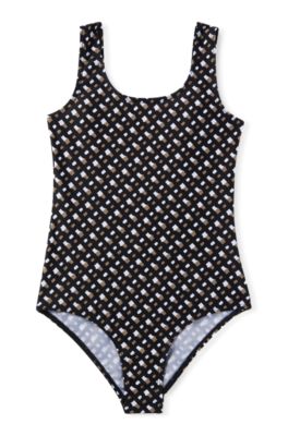Kids' monogram-pattern swimsuit with low back, Patterned