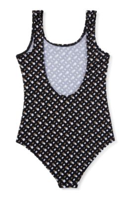 Kids' monogram-pattern swimsuit with low back, Patterned