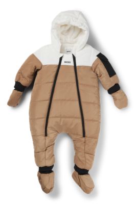 Baby snowsuit with faux-fur lining and logo details, Brown