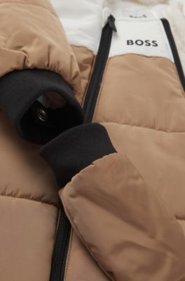 Baby snowsuit with faux-fur lining and logo details, Brown