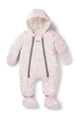 Baby snowsuit in pearlescent fabric with detachable booties, light pink