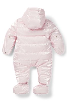 Baby snowsuit in pearlescent fabric with detachable booties, light pink