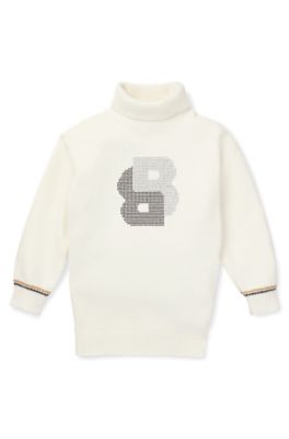 Kids' rollneck sweater dress with rhinestone Double B monogram, White