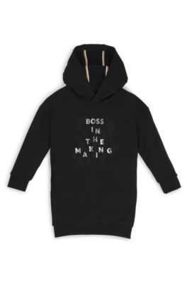 Vestido con capucha para ni&ntilde;os en algod&oacute;n el&aacute;stico con estampado de la marca, Negro