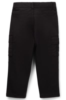 Pantalones tapered fit en sarga de algod&oacute;n el&aacute;stico para ni&ntilde;os, Negro