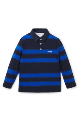 Kids' long-sleeved polo shirt with stripes and logo, Dark Blue