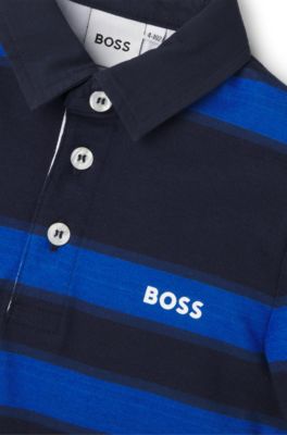 Kids' long-sleeved polo shirt with stripes and logo, Dark Blue