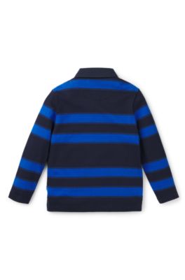 Kids' long-sleeved polo shirt with stripes and logo, Dark Blue