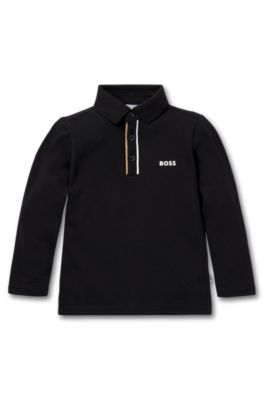 Kids' long-sleeved polo shirt with striped placket, Black
