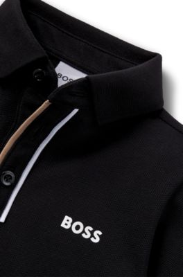 Kids' long-sleeved polo shirt with striped placket, Black