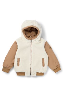 Kids' reversible hooded jacket in twill and sherpa fleece, Brown