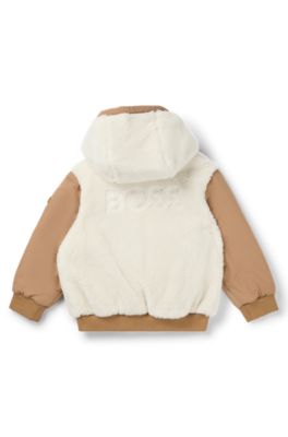 Kids' reversible hooded jacket in twill and sherpa fleece, Brown