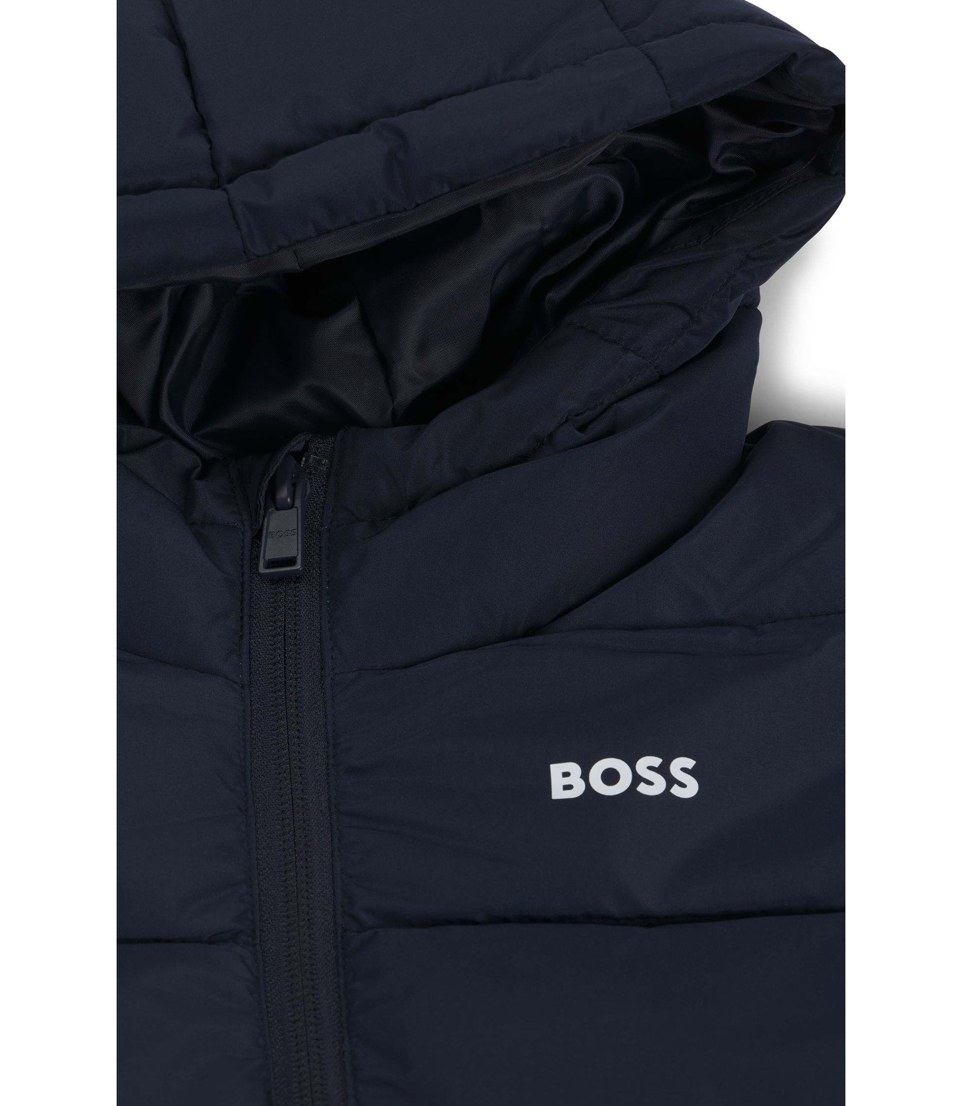 BOSS - Kids' hooded padded jacket with logo details - Dark Blue