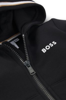 Sudadera de algod&oacute;n para ni&ntilde;os con capucha, cremallera y logo estampado, Negro
