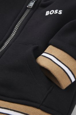 Sudadera de algod&oacute;n para ni&ntilde;os con capucha, cremallera y logo estampado, Negro