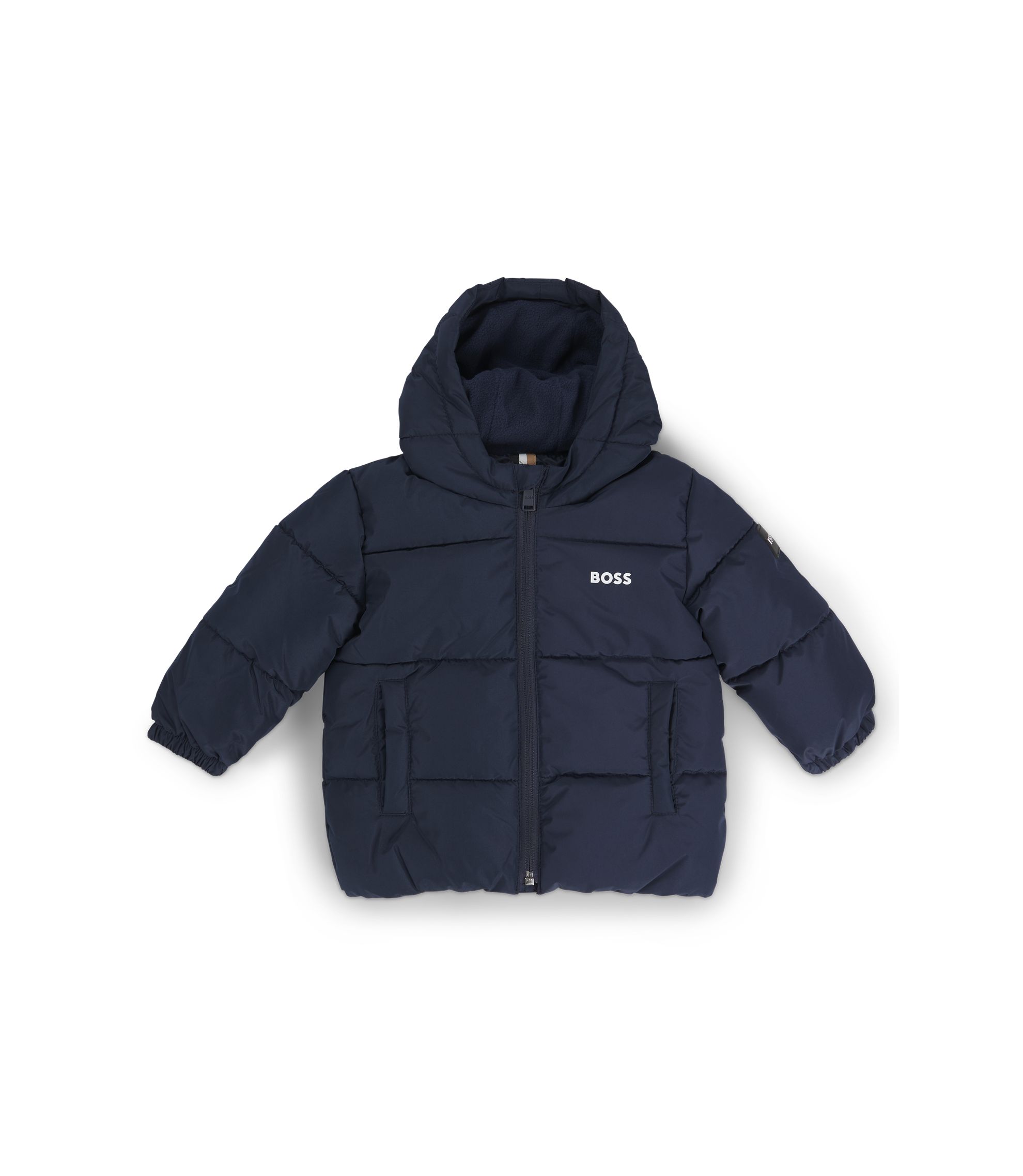 BOSS - Kids' water-repellent padded jacket with logo print - Dark Blue