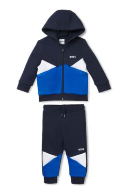 Kids' tracksuit with color-blocking and logo prints, Dark Blue