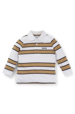 Kids' long-sleeved polo shirt with stripes and logo, White