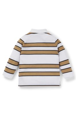 Kids' long-sleeved polo shirt with stripes and logo, White