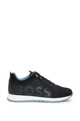 Kids' trainers in mixed materials with leather trims, Black