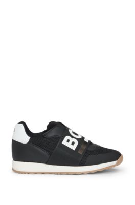 Kids' trainers in leather and mesh with logo elastic, Black