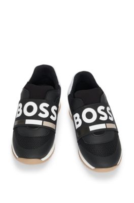 Kids' trainers in leather and mesh with logo elastic, Black