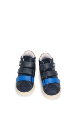Kids' trainers in leather with branded touch-closure straps, Dark Blue