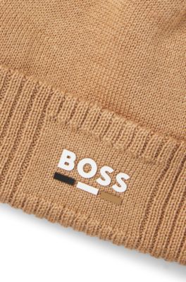 Kids' knitted beanie hat with rubber-effect logo, Brown