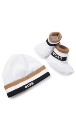 Gift-boxed beanie hat and booties for babies, White