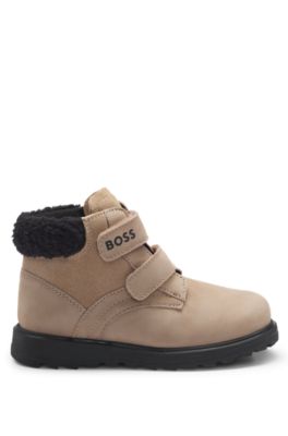 Kids' boots in leather with faux-shearling collar, Brown