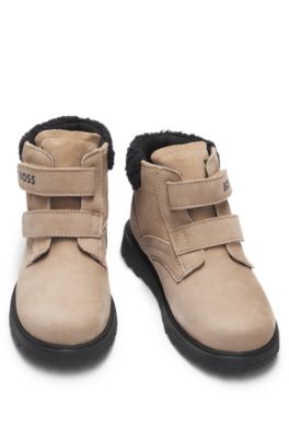 Kids' boots in leather with faux-shearling collar, Brown