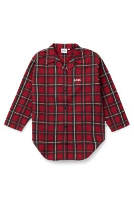Kids' shirt dress in checked cotton with logo print, Dark Red