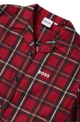 Kids' shirt dress in checked cotton with logo print, Dark Red