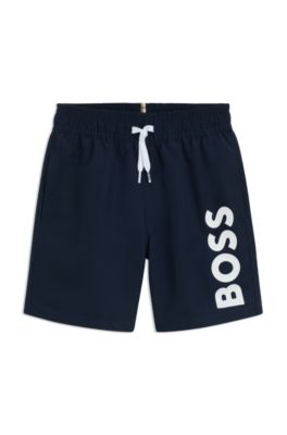 Kids' logo-print swim shorts with peached finish, Dark Blue