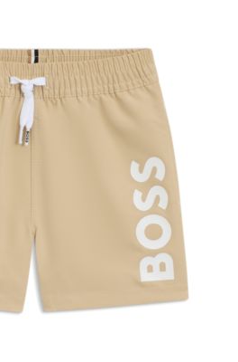 Kids' logo-print swim shorts with peached finish, Beige