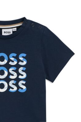 Kids' triple-logo T-shirt in cotton, Dark Blue