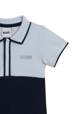 Baby polo-collar playsuit in stretch cotton, Dark Blue