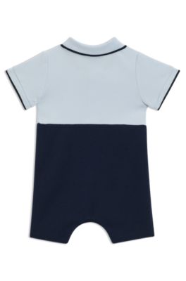 Baby polo-collar playsuit in stretch cotton, Dark Blue