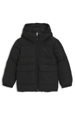 Chaqueta acolchada para ni&ntilde;os con capucha y logo estampado, Negro