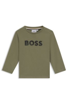 Camiseta de manga larga para ni&ntilde;os en algod&oacute;n con logo de dise&ntilde;o, Verde oscuro