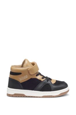 Kids' trainers in leather and velvet, Brown