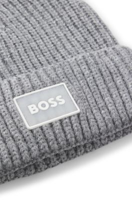 Kids' beanie hat with rubber logo badge, Dark Grey