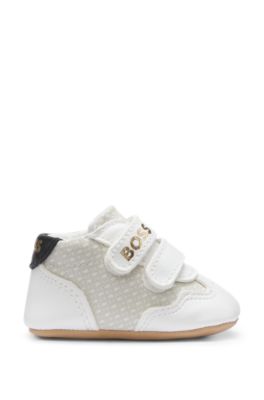 Zapatillas de casa para beb&eacute; en piel y lona, Blanco