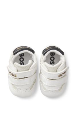 Zapatillas de casa para beb&eacute; en piel y lona, Blanco