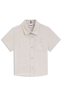 Camisa para ni&ntilde;os en lino y algod&oacute;n con detalle de logo, Blanco