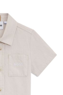 Camisa para ni&ntilde;os en lino y algod&oacute;n con detalle de logo, Blanco