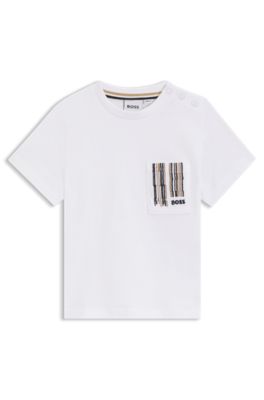 Camiseta para ni&ntilde;os en algod&oacute;n con rayas de la marca en el bolsillo, Blanco