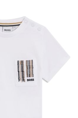 Camiseta para ni&ntilde;os en algod&oacute;n con rayas de la marca en el bolsillo, Blanco