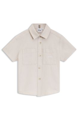 Kids' linen-cotton shirt with embroidered logo, White